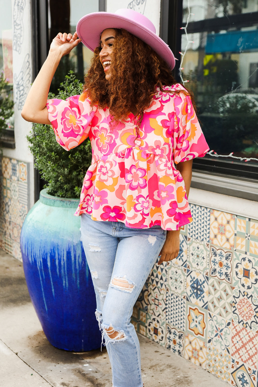 Find Love Pink/Yellow Floral Frill Balloon Shorts Sleeve Tops | Nikki &amp; Co. Boutique