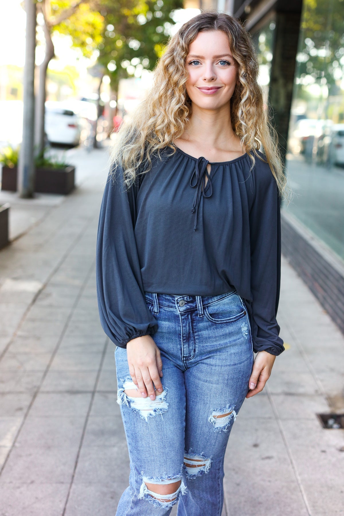 Versatile Charcoal Front Tie Modal Knit Peasant Top - Nikki and Co Boutique