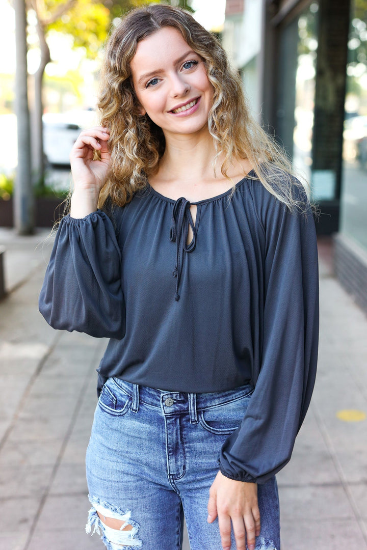 Versatile Charcoal Front Tie Modal Knit Peasant Tops | Nikki &amp; Co. Boutique