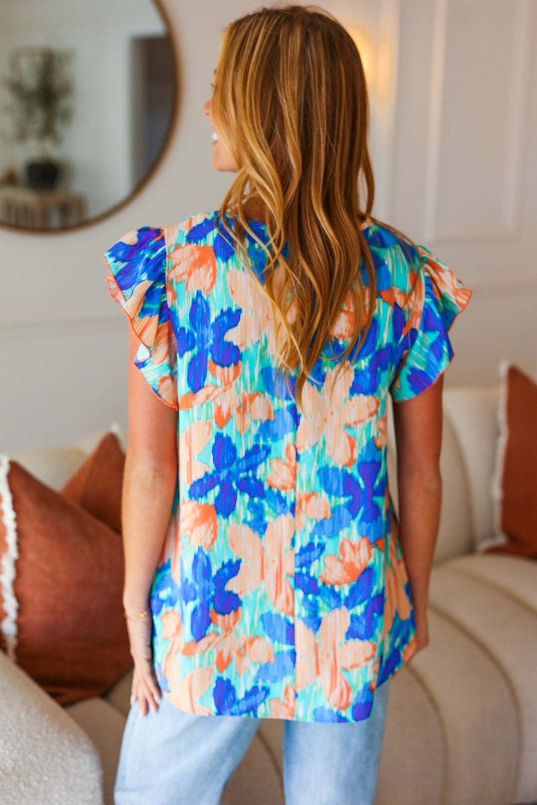Tropical Breeze Turquoise Floral Banded V Neck Flutter Sleeve Tops | Nikki &amp; Co. Boutique