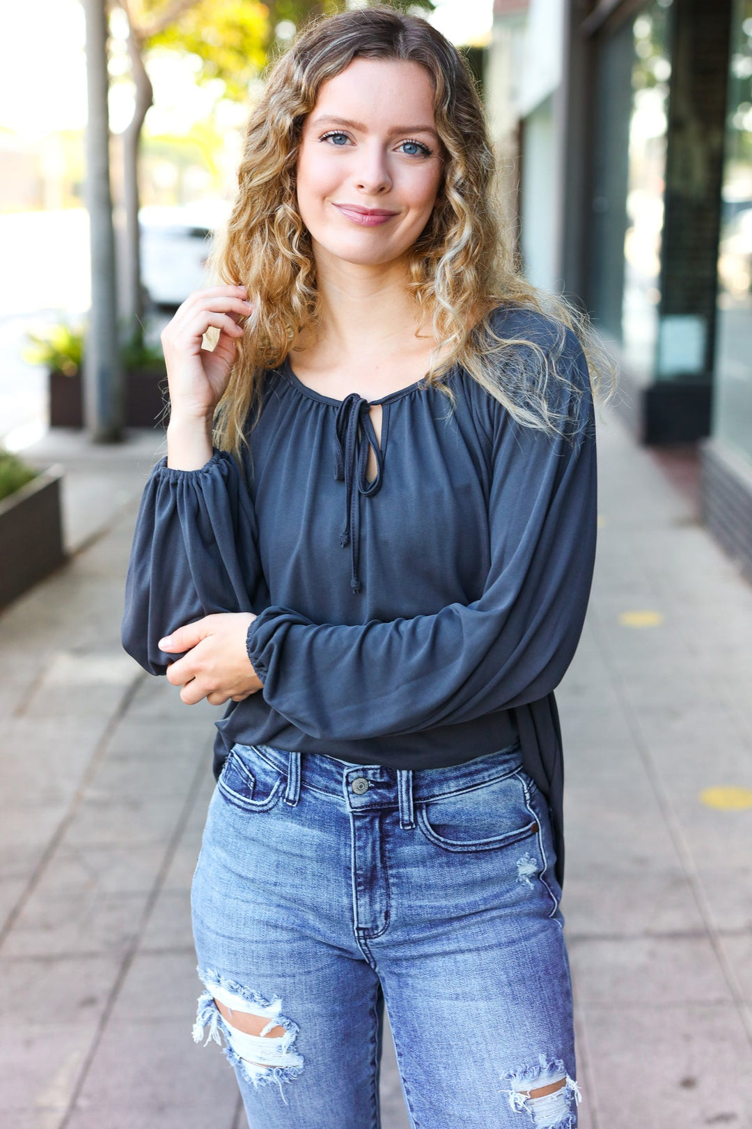 Versatile Charcoal Front Tie Modal Knit Peasant Tops | Nikki &amp; Co. Boutique