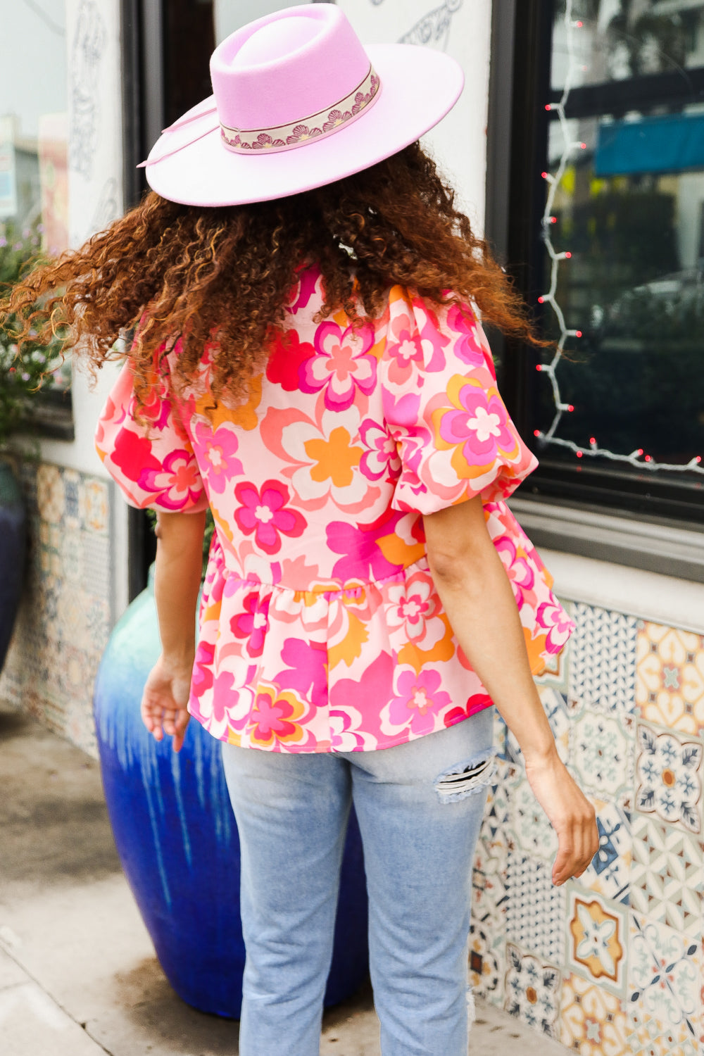 Find Love Pink/Yellow Floral Frill Balloon Shorts Sleeve Tops | Nikki &amp; Co. Boutique