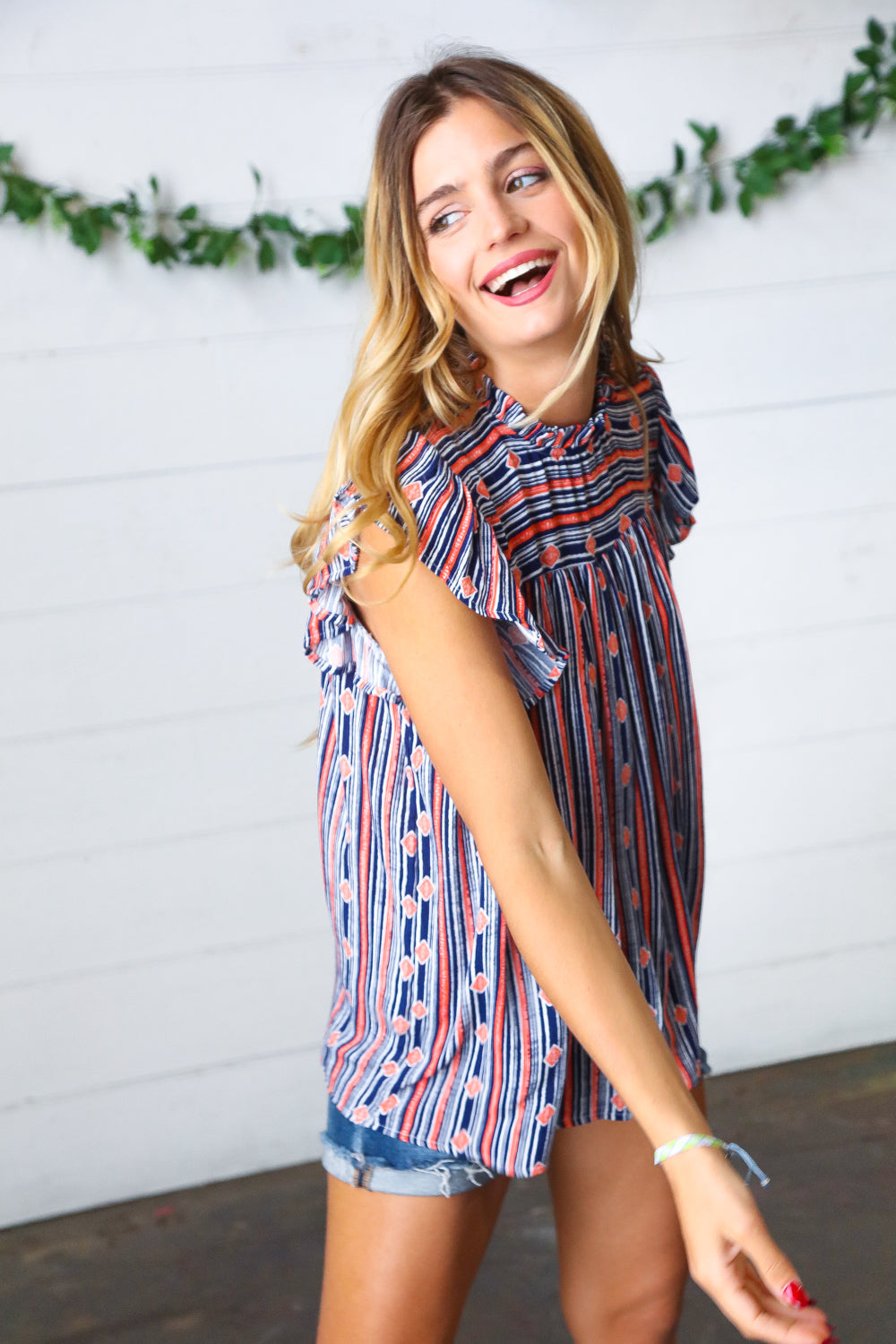 Navy &amp; Orange Boho Stripe Flutter Sleeve Tops | Nikki &amp; Co. Boutique