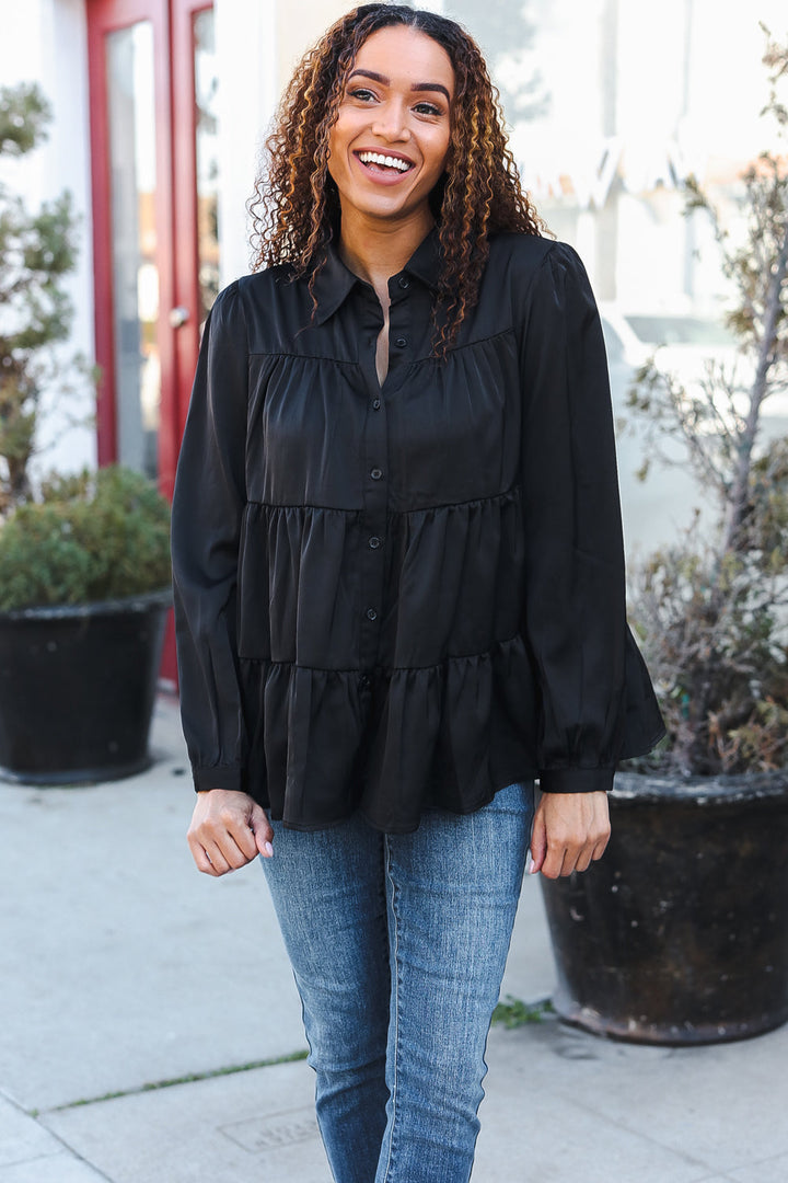 Perfectly You Black Button Down Tiered Babydoll Satin Tops | Nikki &amp; Co. Boutique