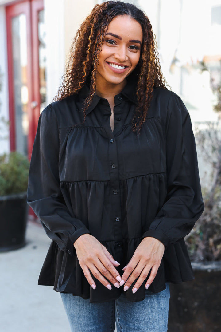 Perfectly You Black Button Down Tiered Babydoll Satin Tops | Nikki &amp; Co. Boutique
