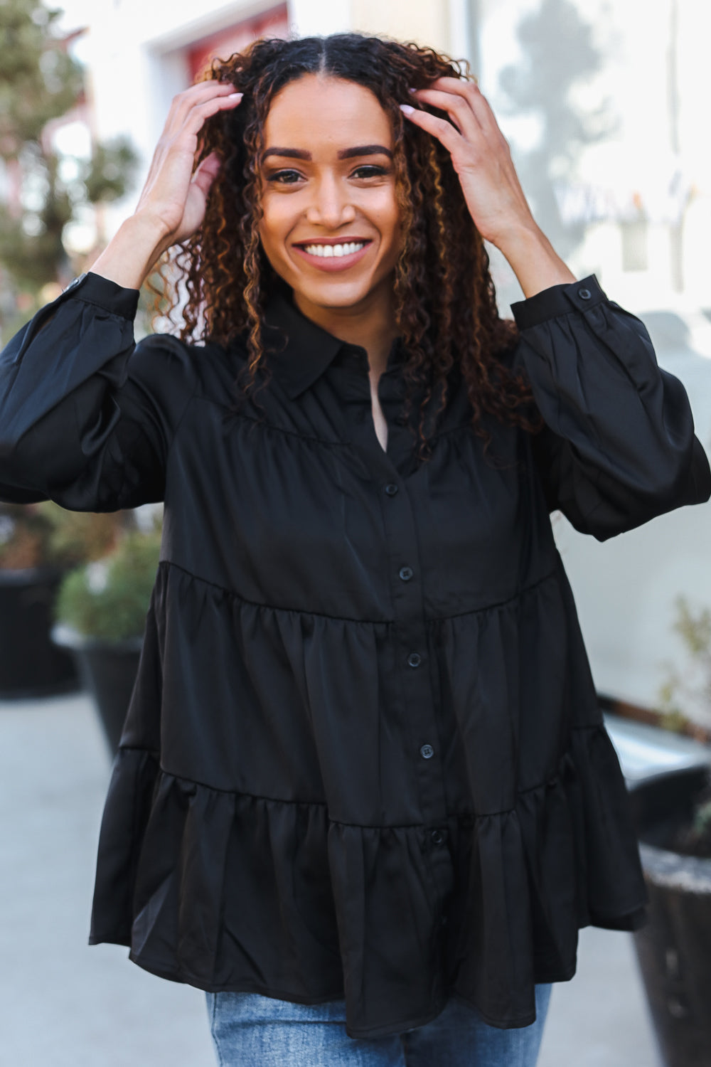 Perfectly You Black Button Down Tiered Babydoll Satin Tops | Nikki &amp; Co. Boutique