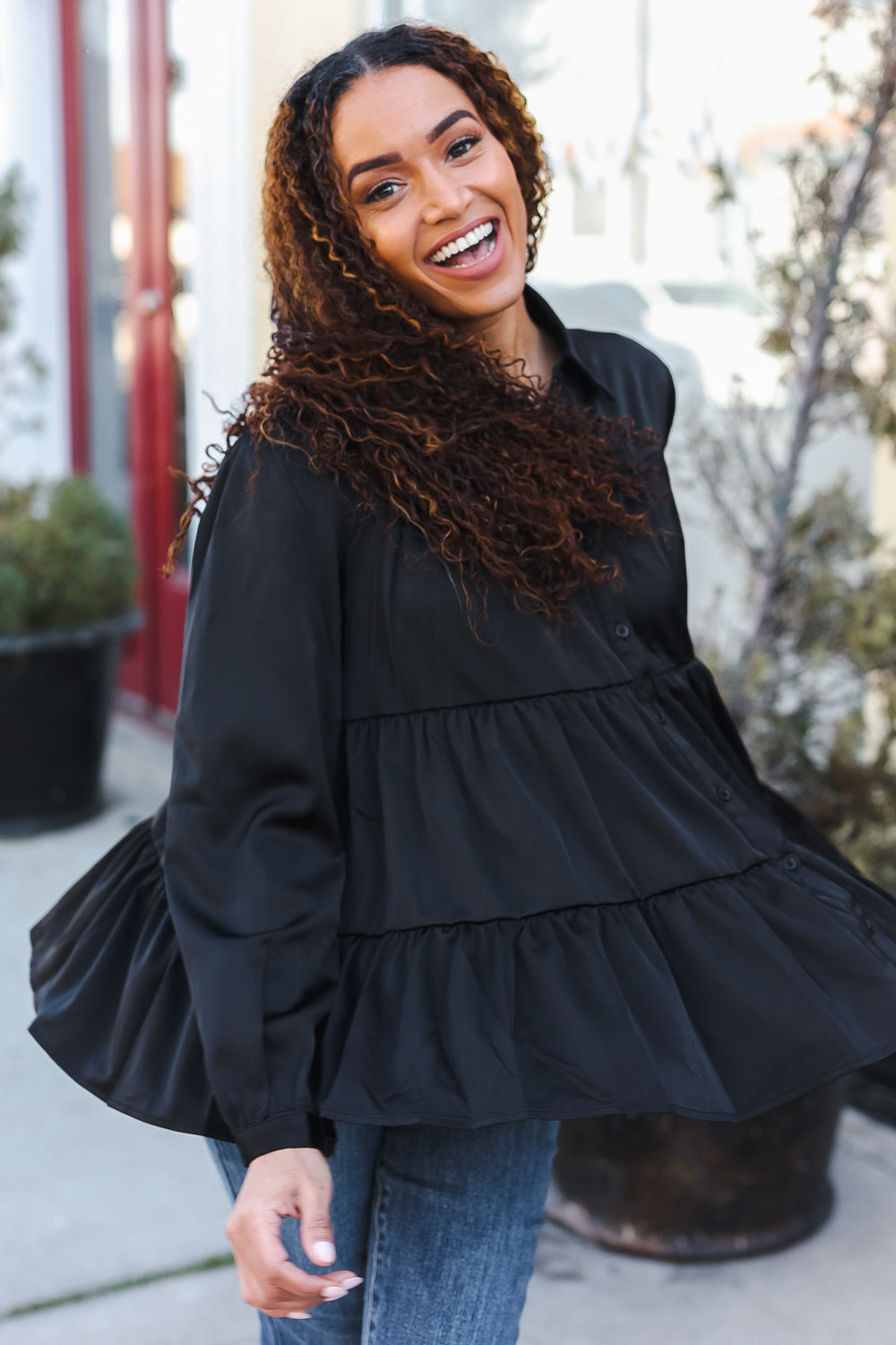 Perfectly You Black Button Down Tiered Babydoll Satin Tops | Nikki &amp; Co. Boutique