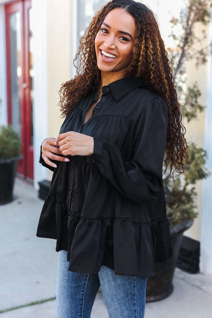 Perfectly You Black Button Down Tiered Babydoll Satin Tops | Nikki &amp; Co. Boutique