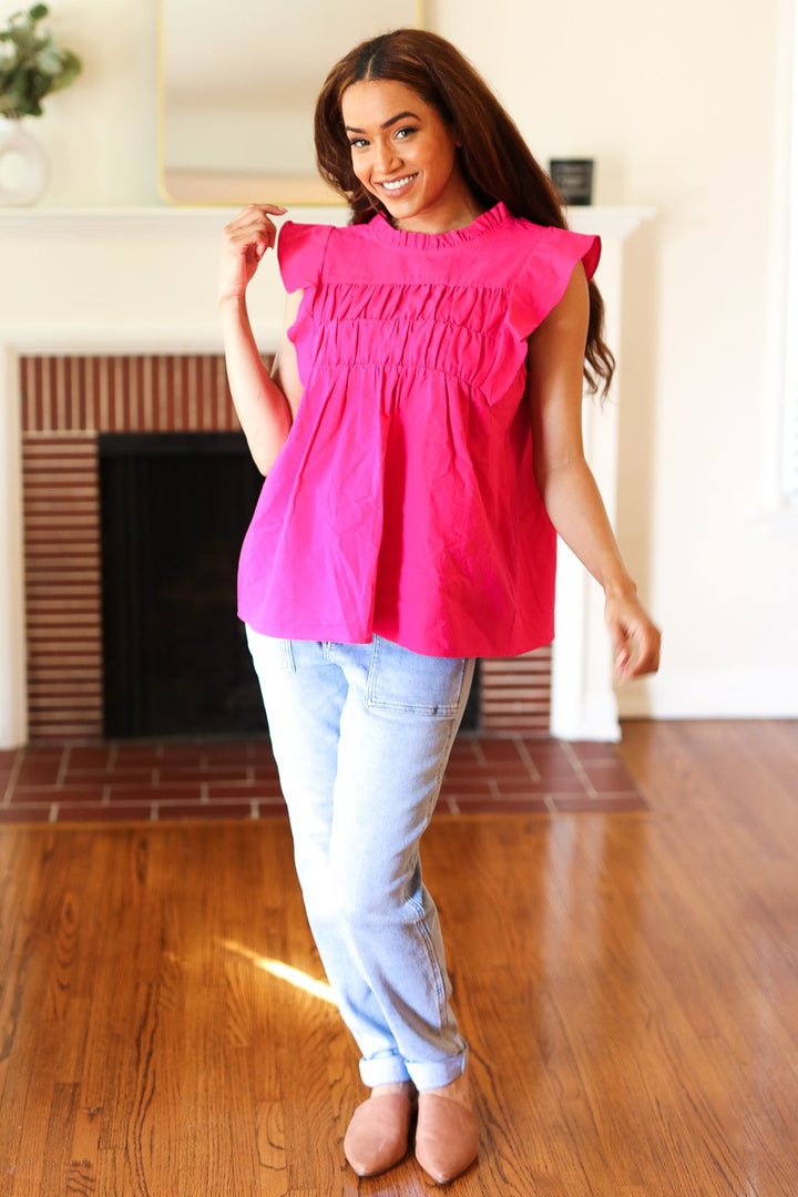 Love Life Cotton Fuchsia Frill Mock Neck Flutter Sleeve Tops | Nikki &amp; Co. Boutique