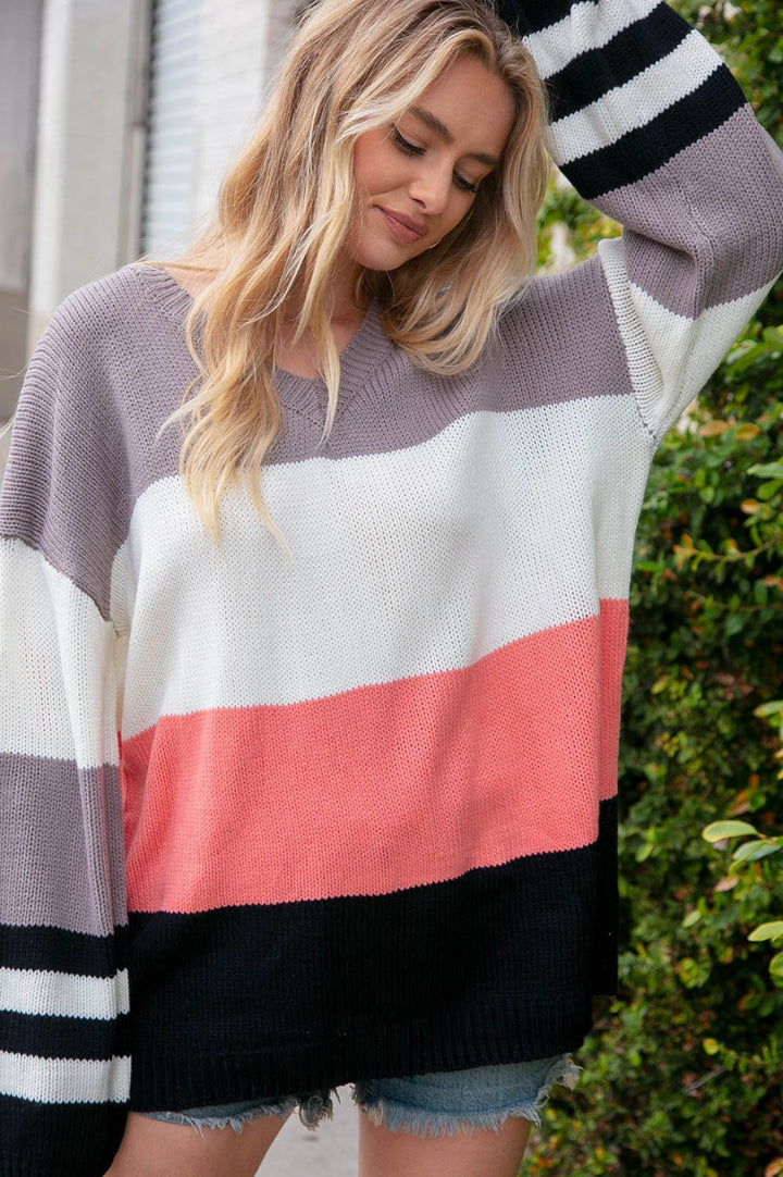 Slate V Neck Color Block Slouchy Knit Sweater | Nikki &amp; Co. Boutique