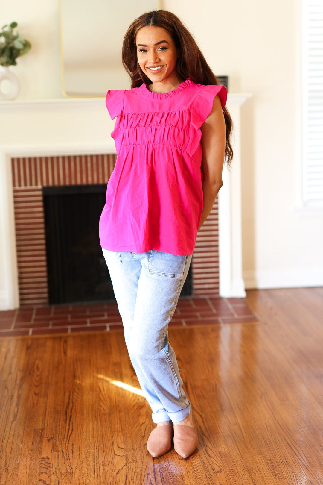 Love Life Cotton Fuchsia Frill Mock Neck Flutter Sleeve Tops | Nikki &amp; Co. Boutique