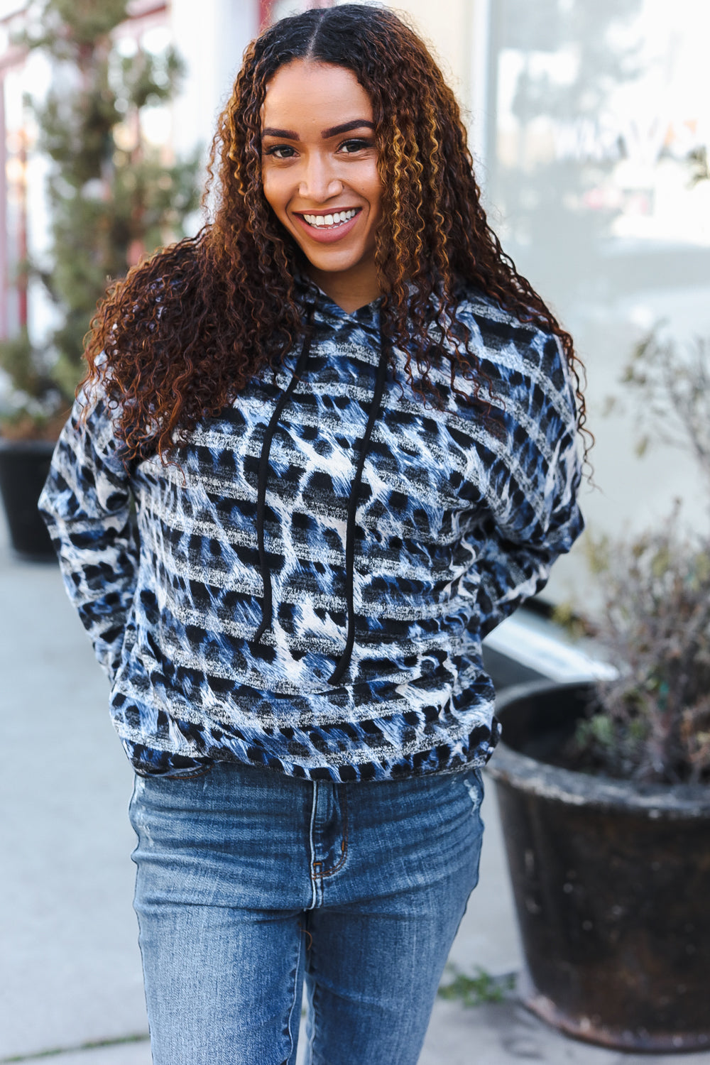 Casual Chic Blue &amp; Black Animal Print Stripe Hoodie | Nikki &amp; Co. Boutique