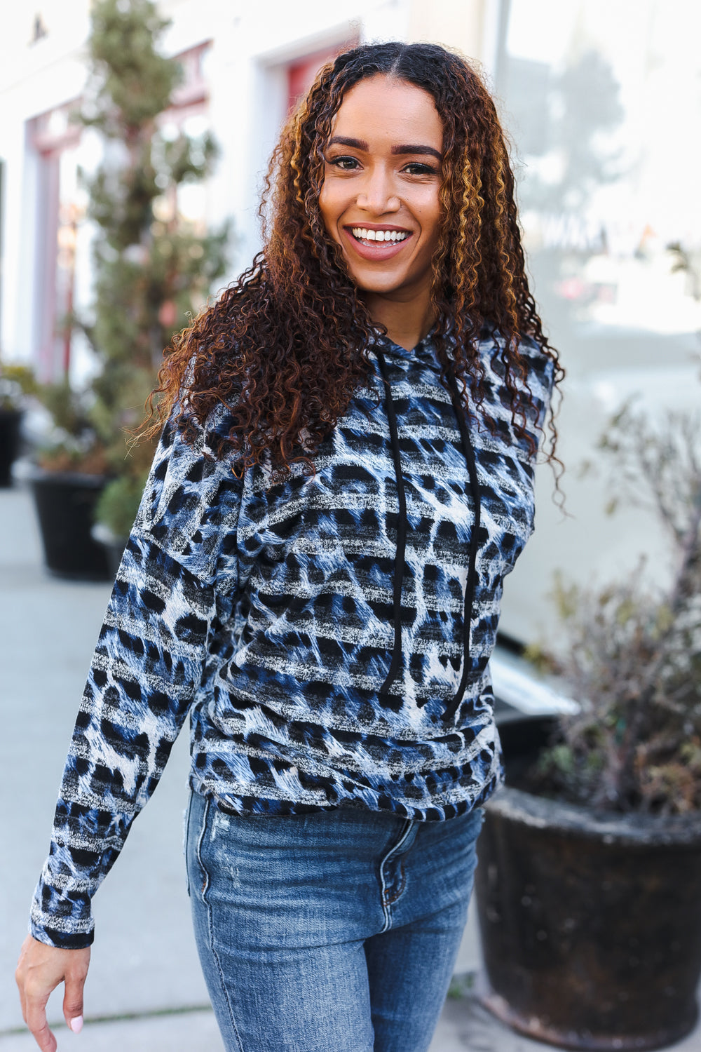 Casual Chic Blue &amp; Black Animal Print Stripe Hoodie | Nikki &amp; Co. Boutique