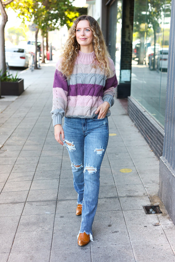 Fall For You Mauve Multicolor Stripe Cable Knit Mock Neck Sweater | Nikki &amp; Co. Boutique