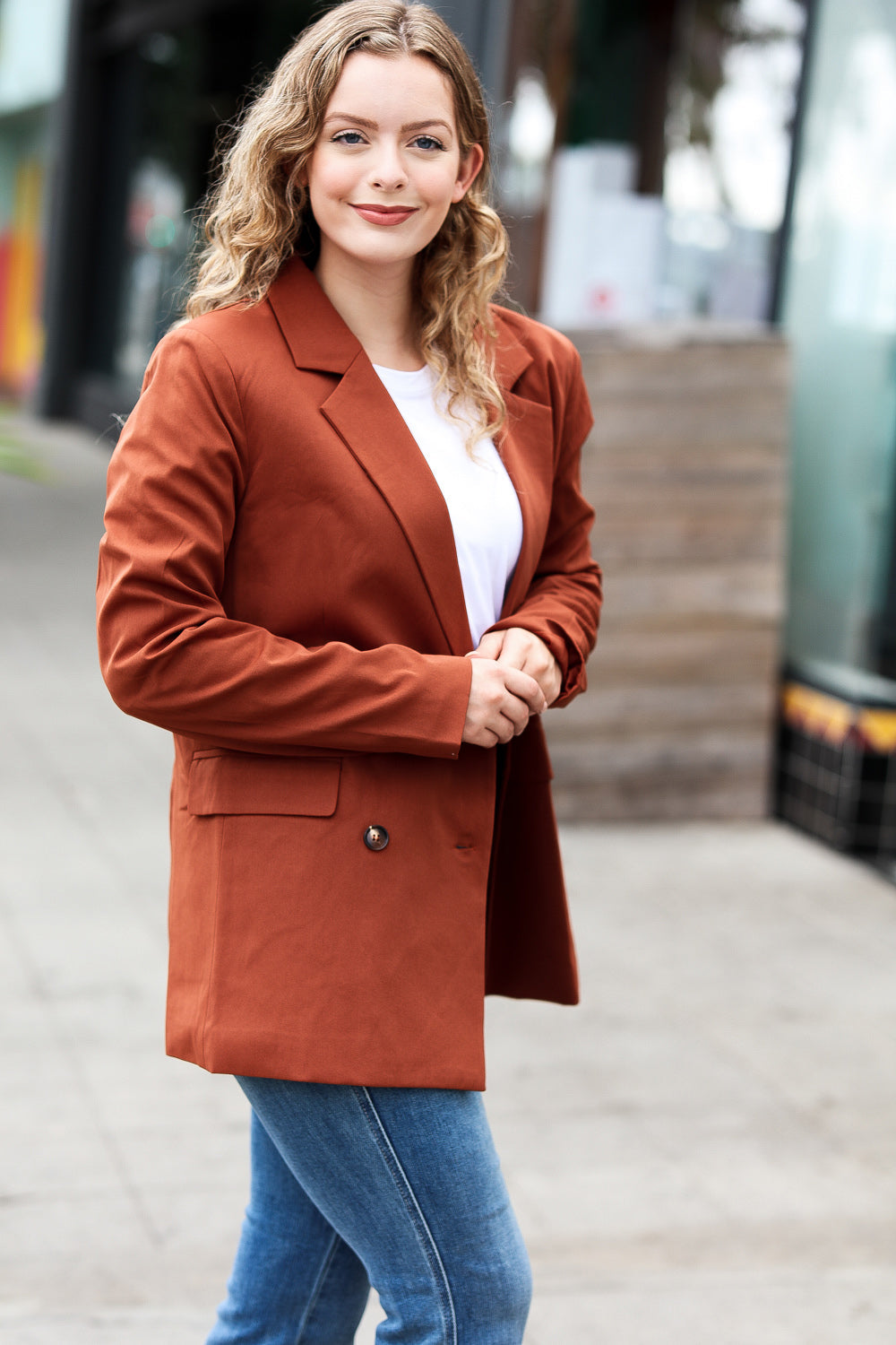 Going Up Rust Double Button Collar Lapel Blazer | Nikki &amp; Co. Boutique