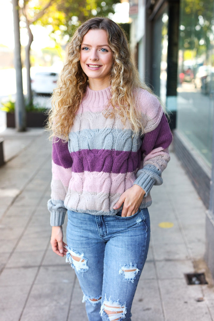 Fall For You Mauve Multicolor Stripe Cable Knit Mock Neck Sweater | Nikki &amp; Co. Boutique