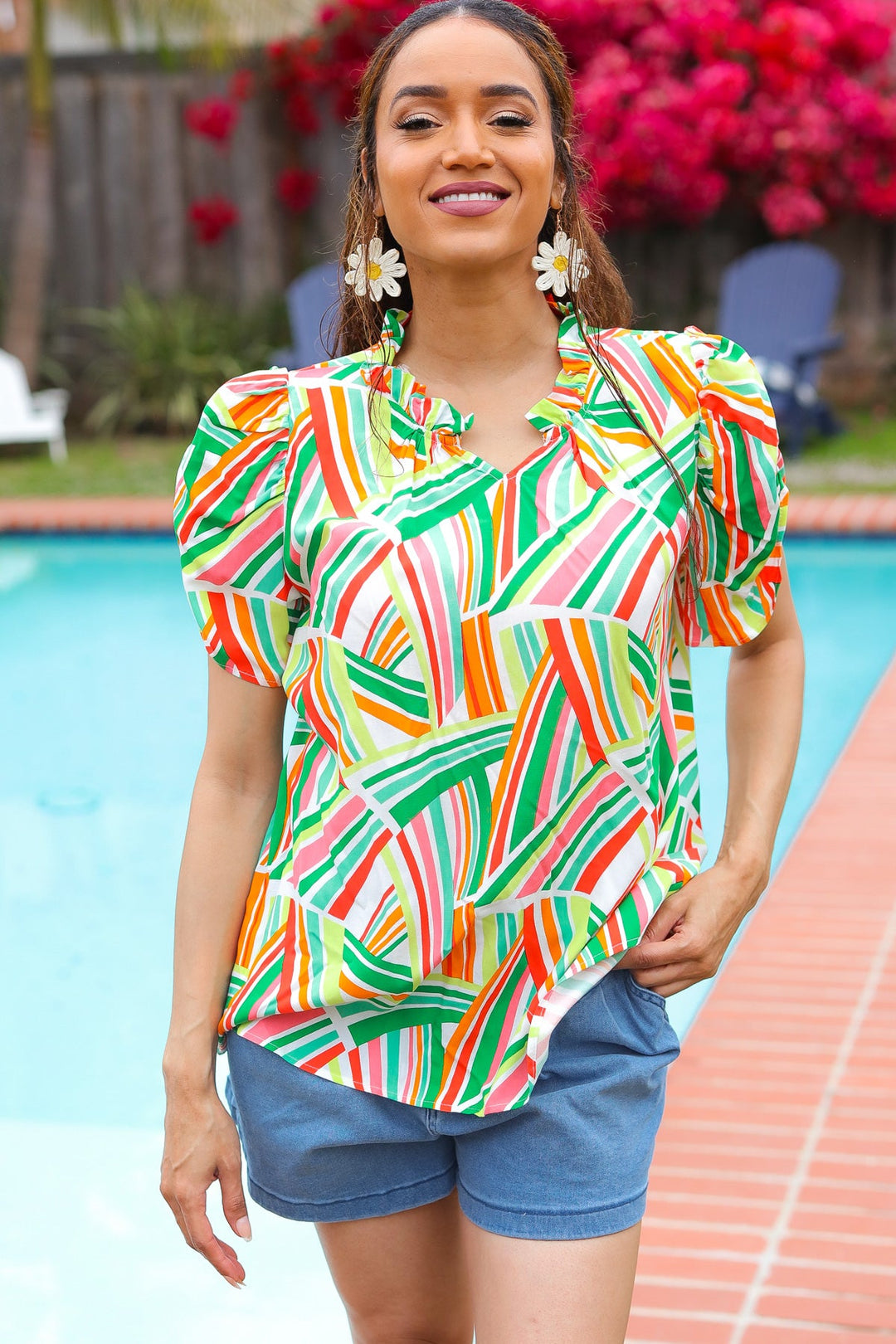 Hello Beautiful Green &amp; Orange Geo Frill Notch Neck Puff Sleeve Tops | Nikki &amp; Co. Boutique