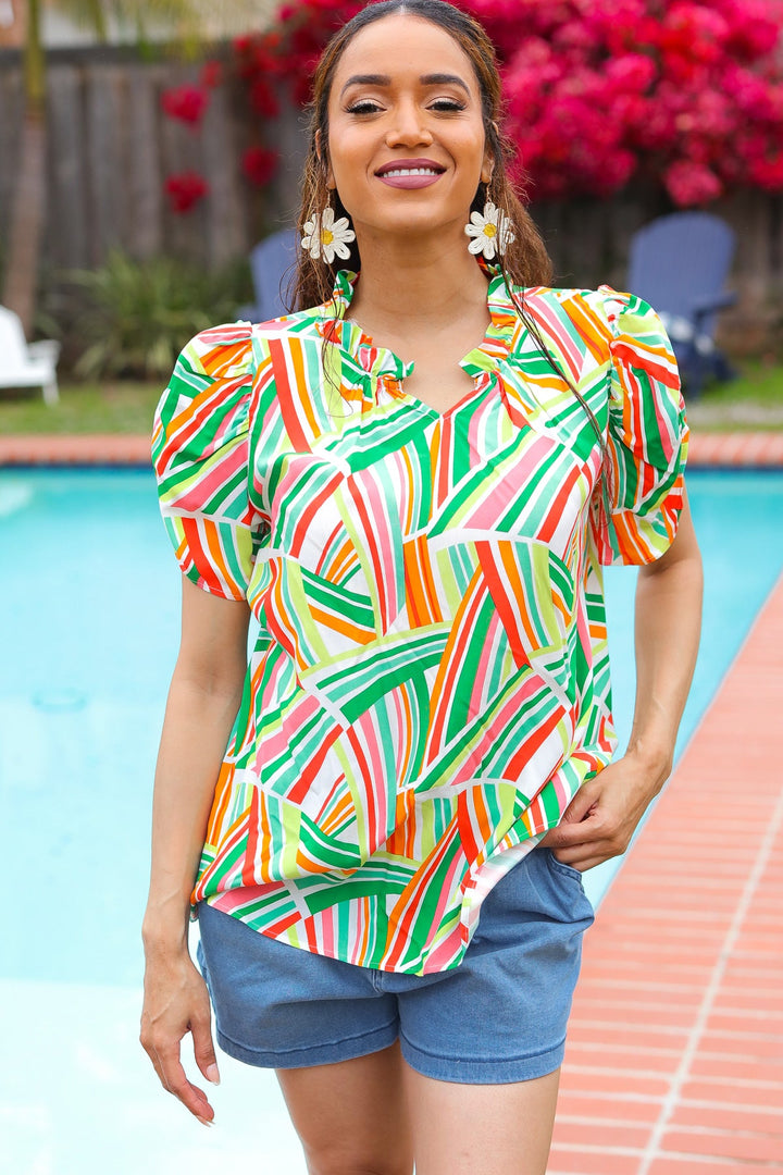 Hello Beautiful Green &amp; Orange Geo Frill Notch Neck Puff Sleeve Tops | Nikki &amp; Co. Boutique