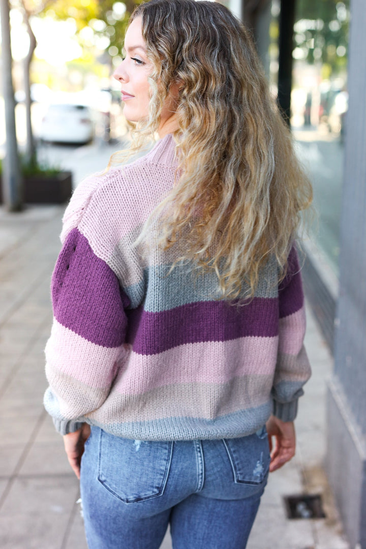 Fall For You Mauve Multicolor Stripe Cable Knit Mock Neck Sweater | Nikki &amp; Co. Boutique