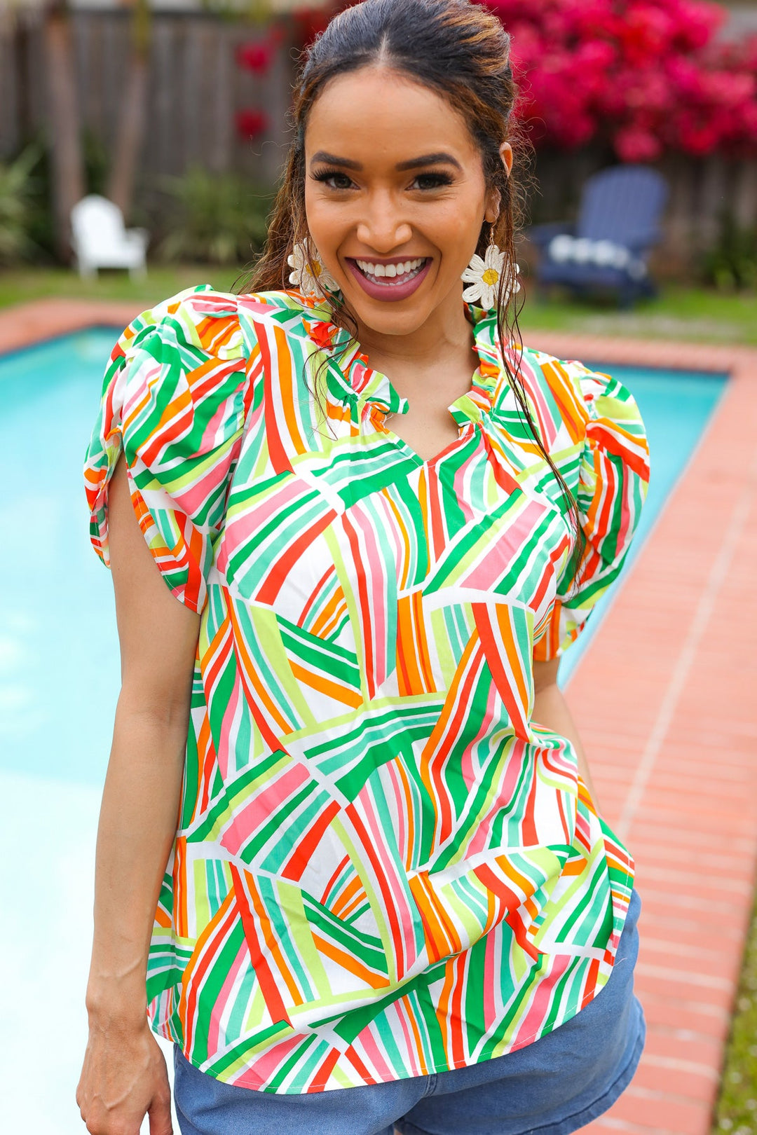 Hello Beautiful Green &amp; Orange Geo Frill Notch Neck Puff Sleeve Tops | Nikki &amp; Co. Boutique