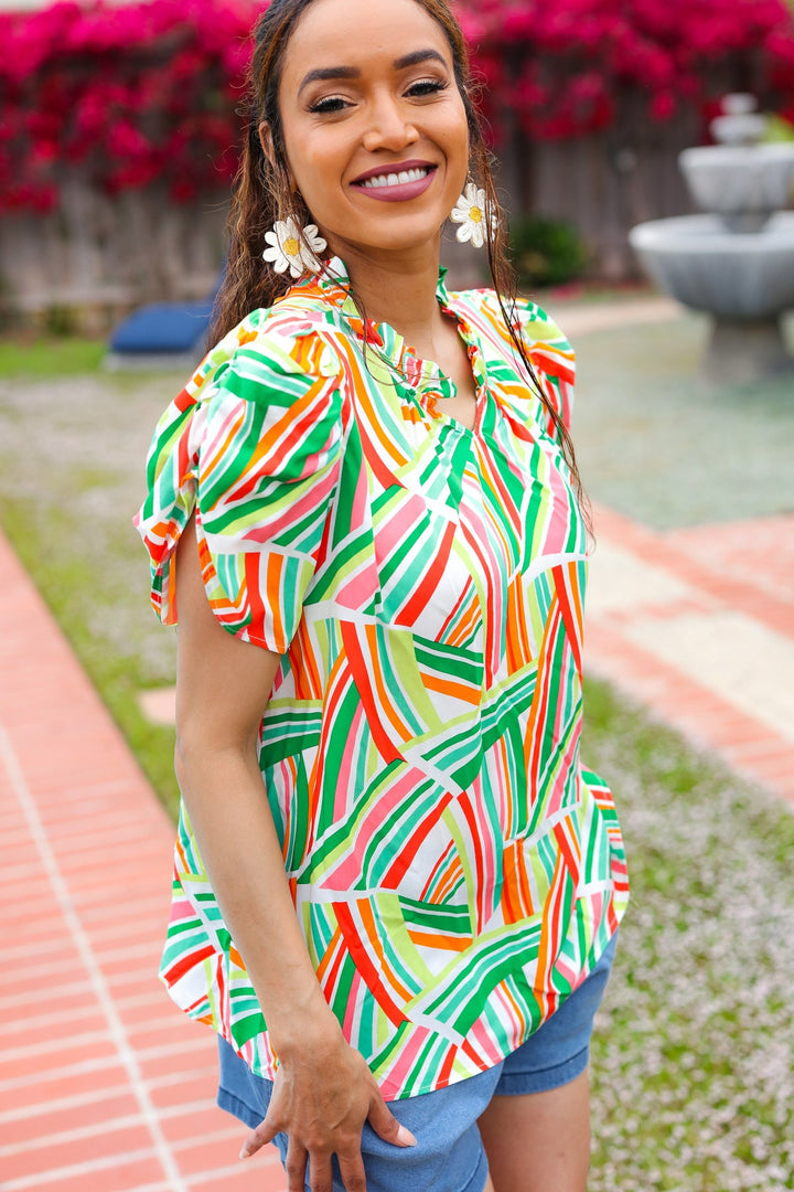 Hello Beautiful Green &amp; Orange Geo Frill Notch Neck Puff Sleeve Tops | Nikki &amp; Co. Boutique