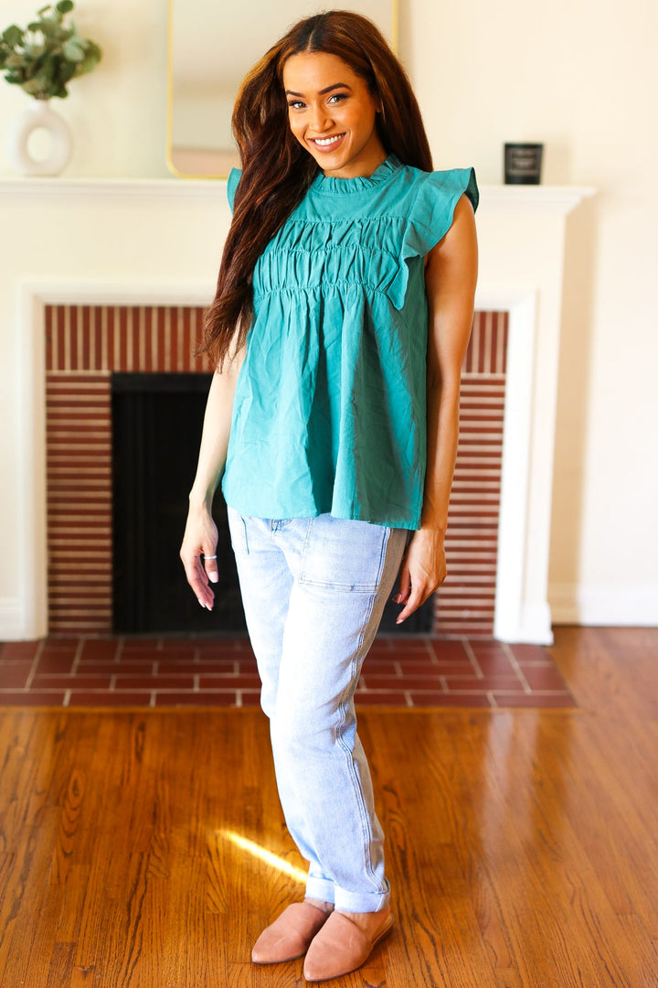 Love Life Cotton Turquoise Frill Mock Neck Flutter Sleeve Tops | Nikki &amp; Co. Boutique