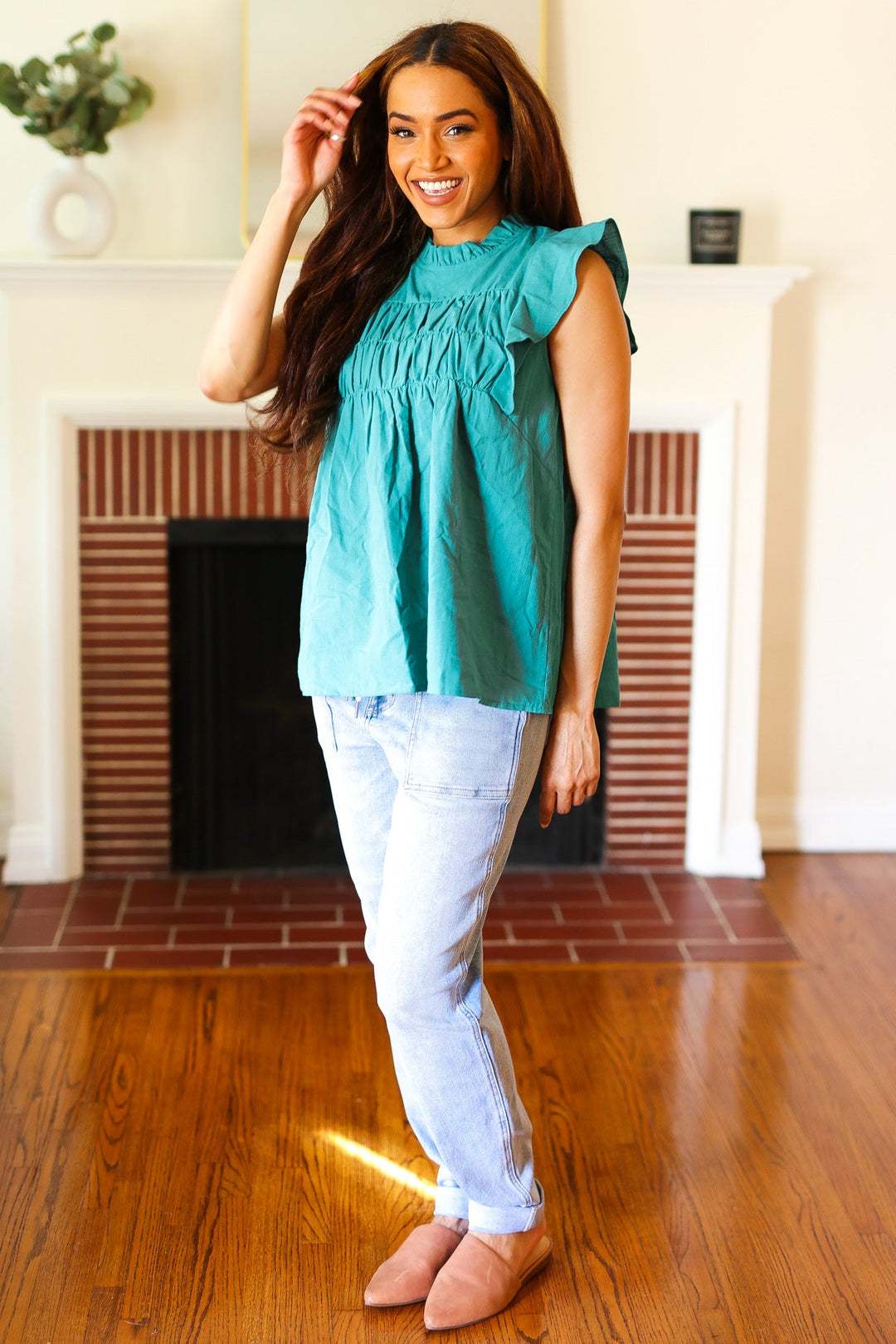 Love Life Cotton Turquoise Frill Mock Neck Flutter Sleeve Tops | Nikki &amp; Co. Boutique