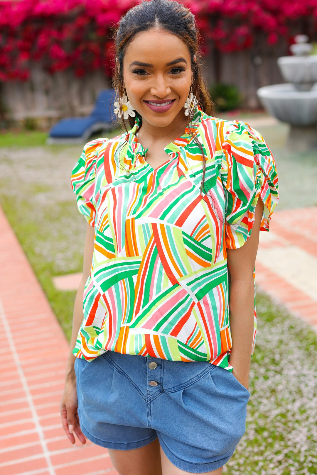 Hello Beautiful Green &amp; Orange Geo Frill Notch Neck Puff Sleeve Tops | Nikki &amp; Co. Boutique