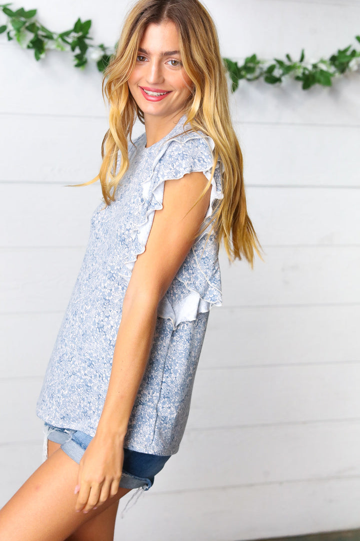 Washed Blue Floral Tiered Flutter Sleeve Tops | Nikki &amp; Co. Boutique