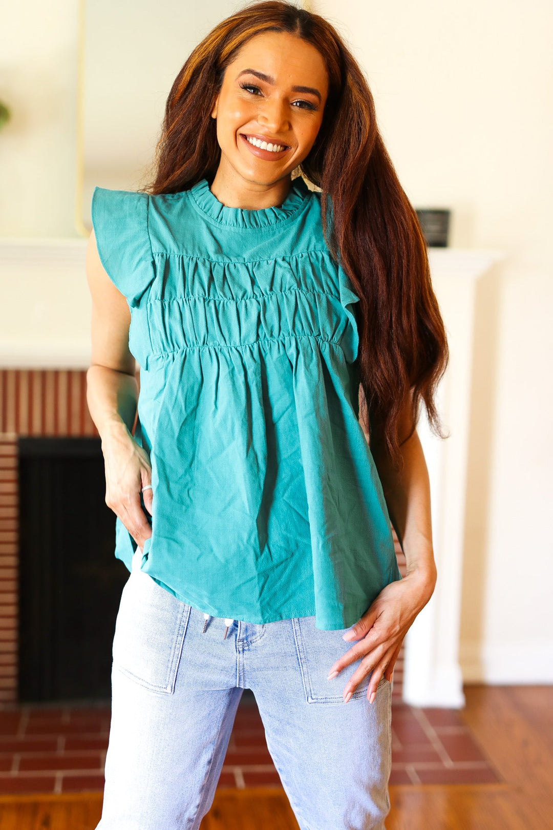 Love Life Cotton Turquoise Frill Mock Neck Flutter Sleeve Tops | Nikki &amp; Co. Boutique