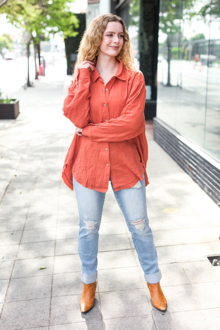 Everyday Rust Button Down Sharkbite Cotton Tunic Top | Nikki &amp; Co. Boutique