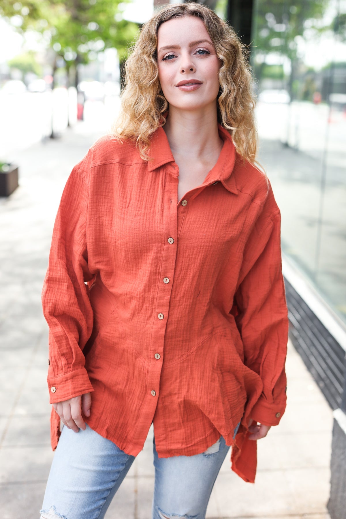 Everyday Rust Button Down Sharkbite Cotton Tunic Top - Nikki and Co Boutique