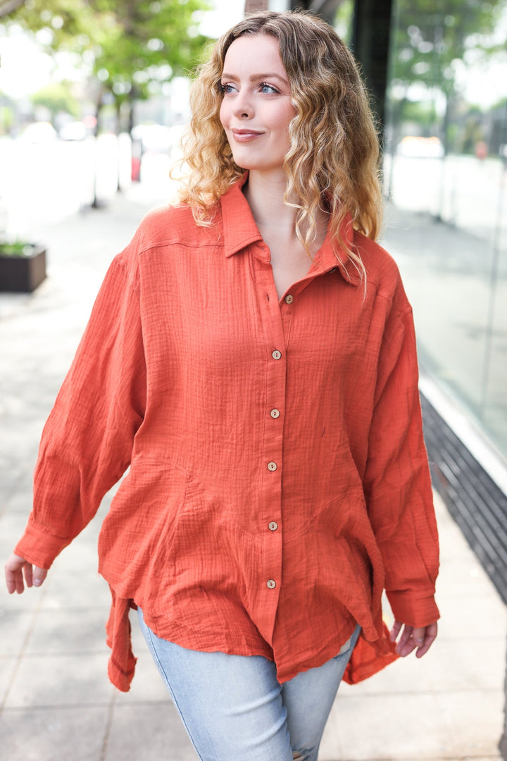 Everyday Rust Button Down Sharkbite Cotton Tunic Top | Nikki &amp; Co. Boutique