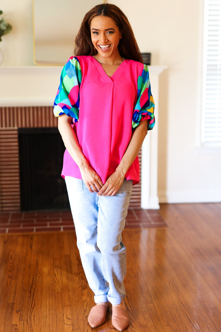 Tell Your Story Fuchsia Geo Print Puff Sleeve V Neck Tops | Nikki &amp; Co. Boutique