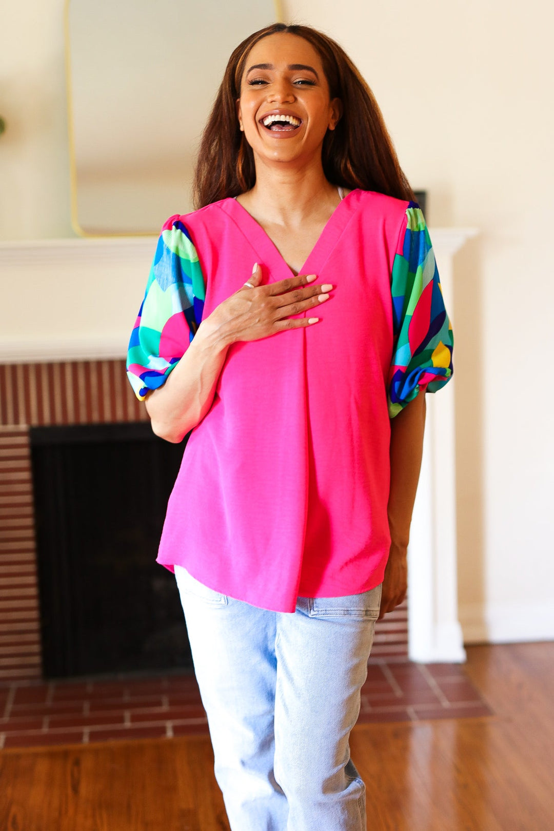 Tell Your Story Fuchsia Geo Print Puff Sleeve V Neck Tops | Nikki &amp; Co. Boutique