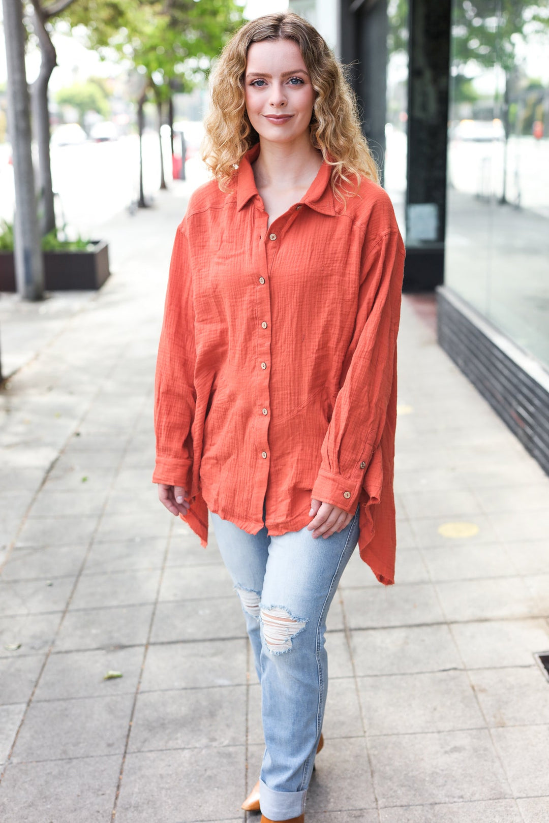 Everyday Rust Button Down Sharkbite Cotton Tunic Top | Nikki &amp; Co. Boutique