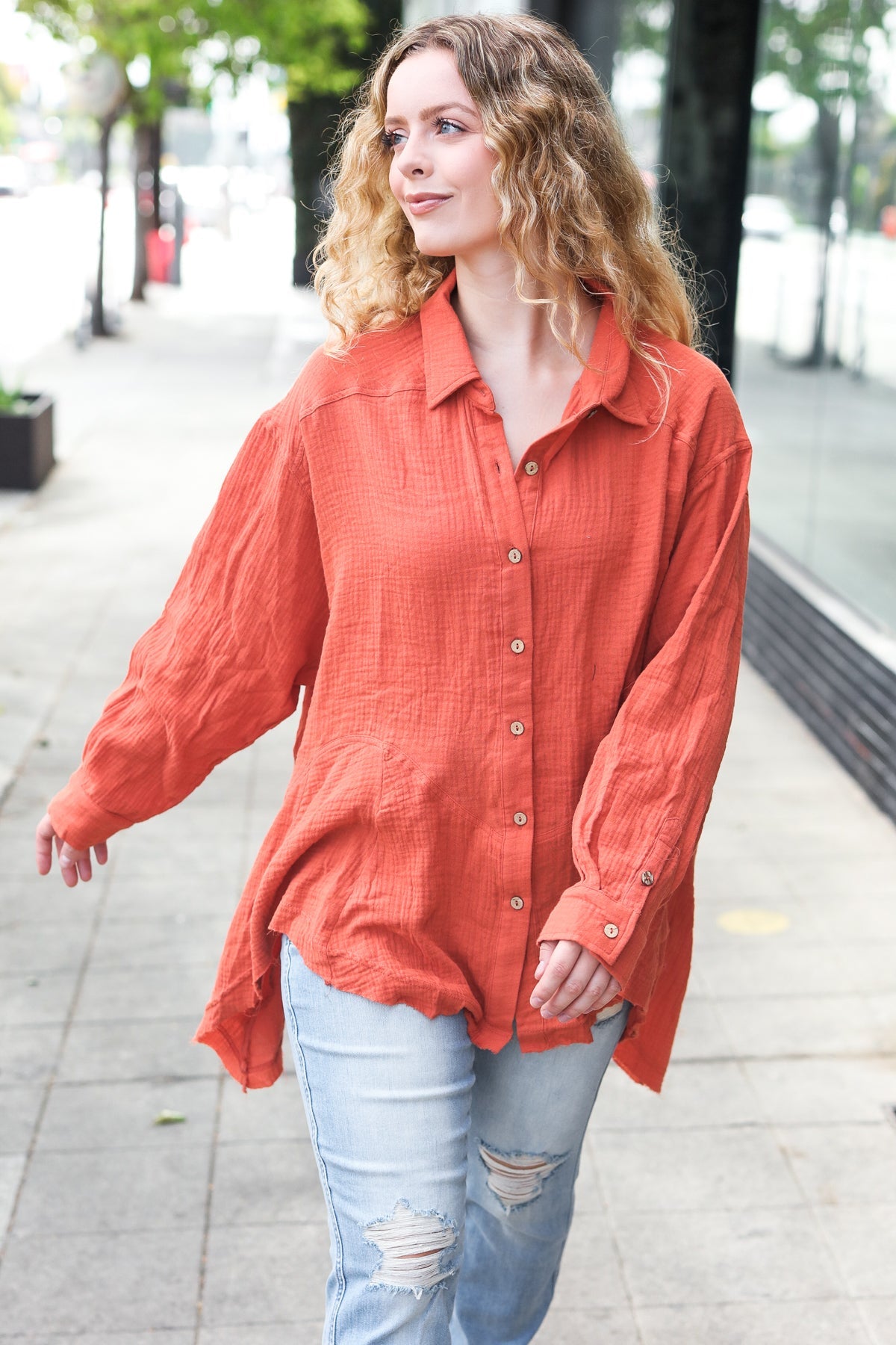 Everyday Rust Button Down Sharkbite Cotton Tunic Top - Nikki and Co Boutique