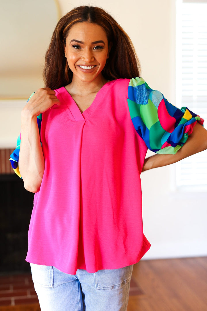 Tell Your Story Fuchsia Geo Print Puff Sleeve V Neck Tops | Nikki &amp; Co. Boutique