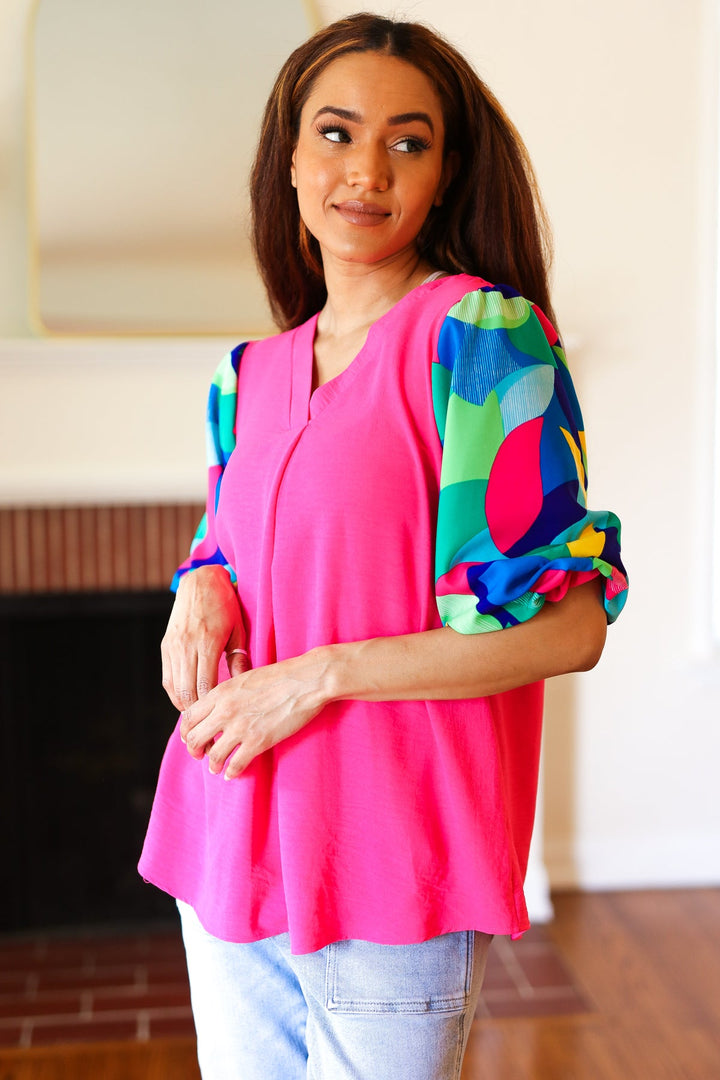 Tell Your Story Fuchsia Geo Print Puff Sleeve V Neck Tops | Nikki &amp; Co. Boutique