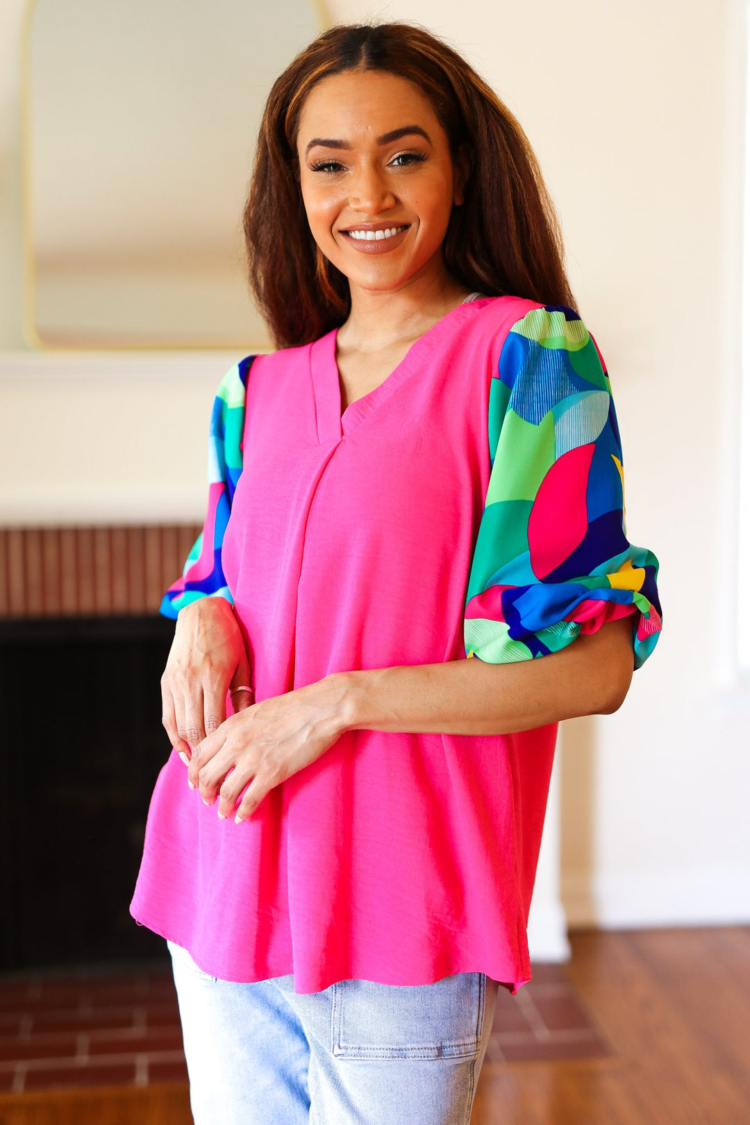 Tell Your Story Fuchsia Geo Print Puff Sleeve V Neck Tops | Nikki &amp; Co. Boutique