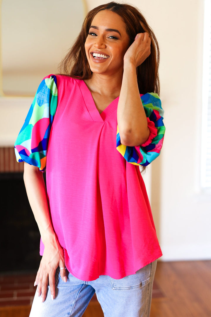 Tell Your Story Fuchsia Geo Print Puff Sleeve V Neck Tops | Nikki &amp; Co. Boutique