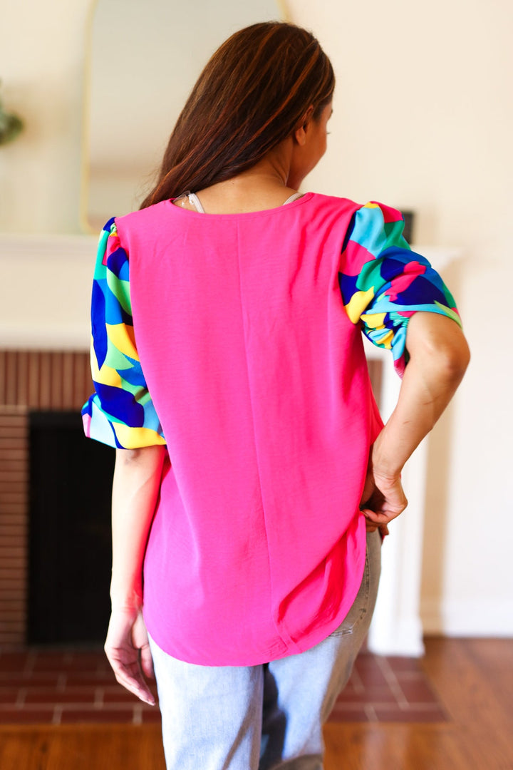 Tell Your Story Fuchsia Geo Print Puff Sleeve V Neck Tops | Nikki &amp; Co. Boutique