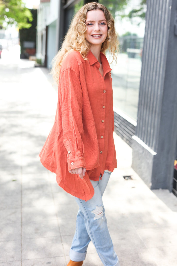 Everyday Rust Button Down Sharkbite Cotton Tunic Top | Nikki &amp; Co. Boutique