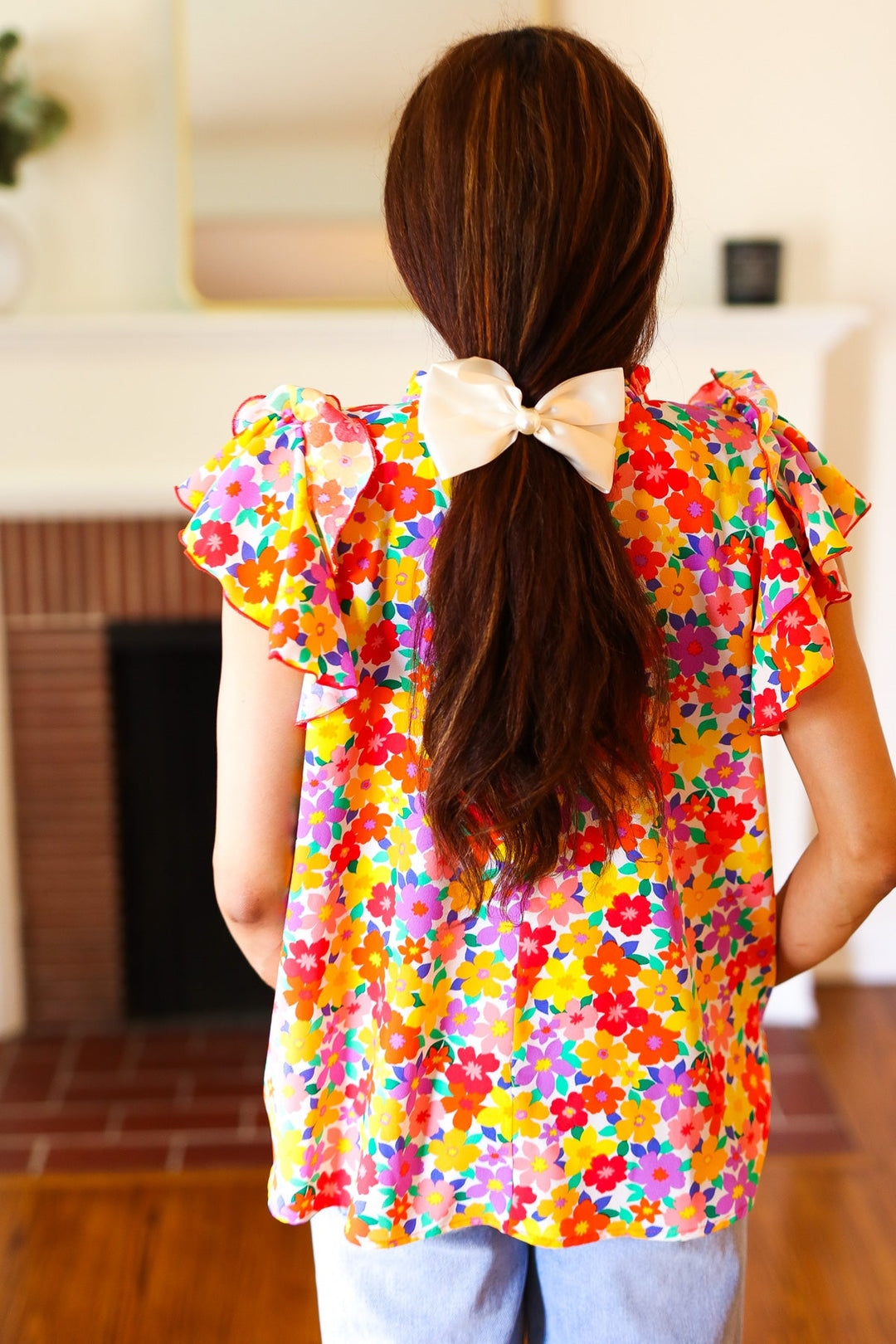 Flower Power Ivory &amp; Red Floral Mock Neck Flutter Sleeve Tops | Nikki &amp; Co. Boutique