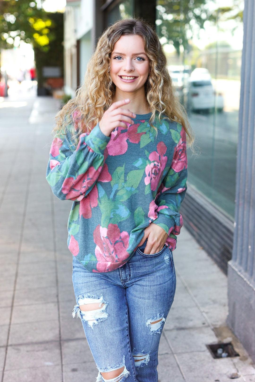 Everyday Hunter Green Floral Brushed Hacci Sweater Top | Nikki &amp; Co. Boutique