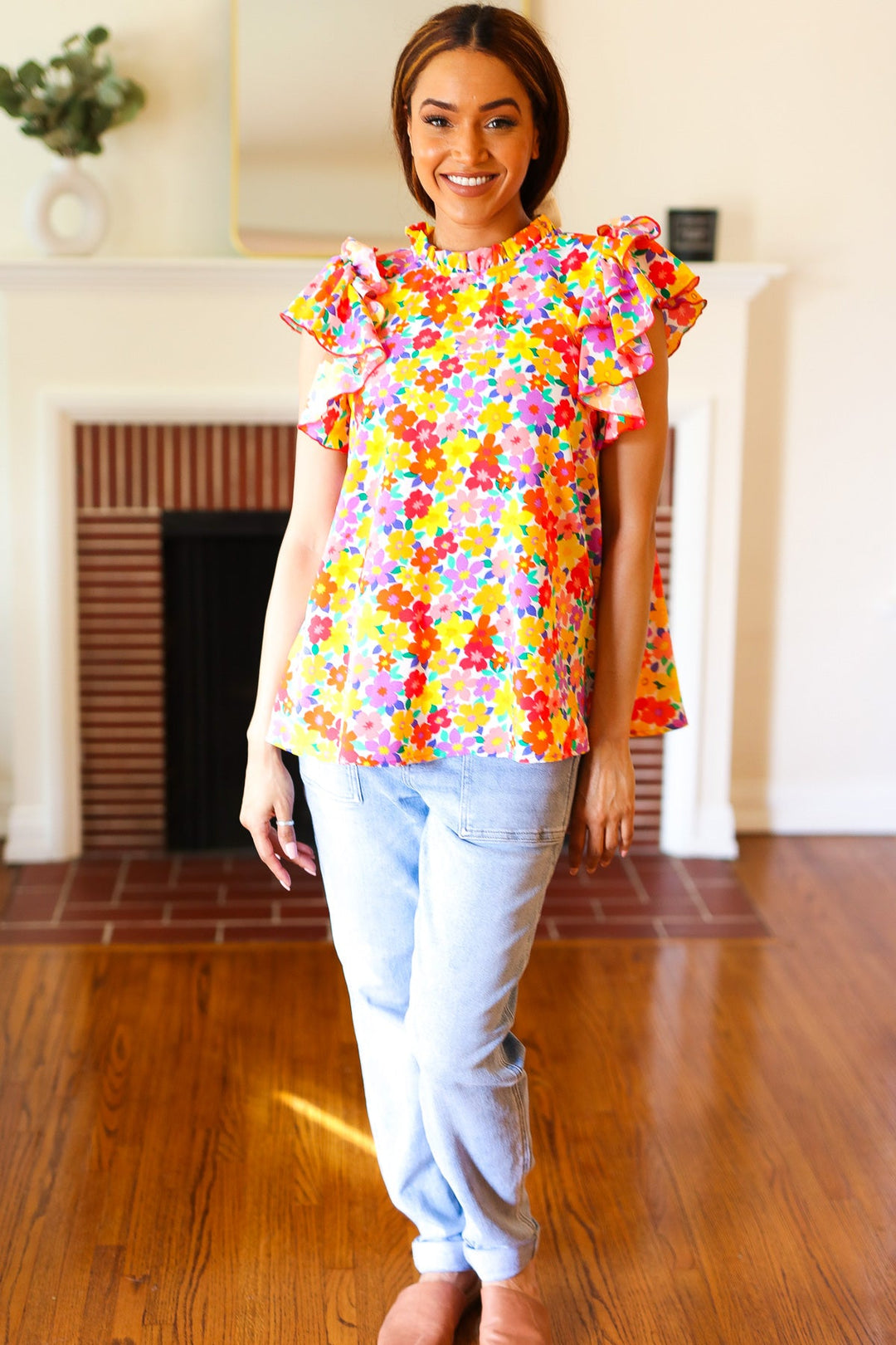Flower Power Ivory &amp; Red Floral Mock Neck Flutter Sleeve Tops | Nikki &amp; Co. Boutique