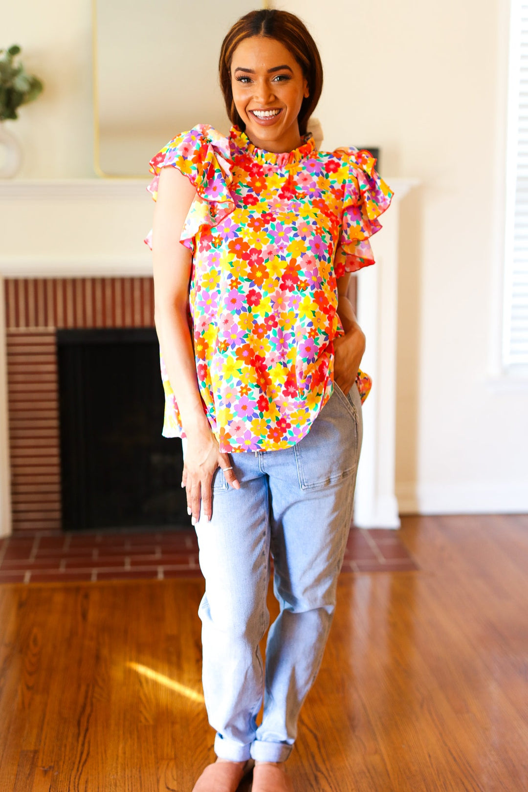 Flower Power Ivory &amp; Red Floral Mock Neck Flutter Sleeve Tops | Nikki &amp; Co. Boutique