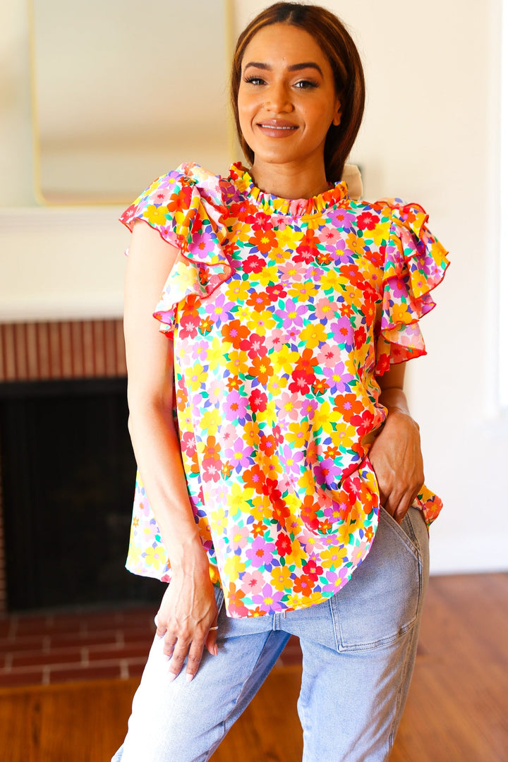 Flower Power Ivory &amp; Red Floral Mock Neck Flutter Sleeve Tops | Nikki &amp; Co. Boutique