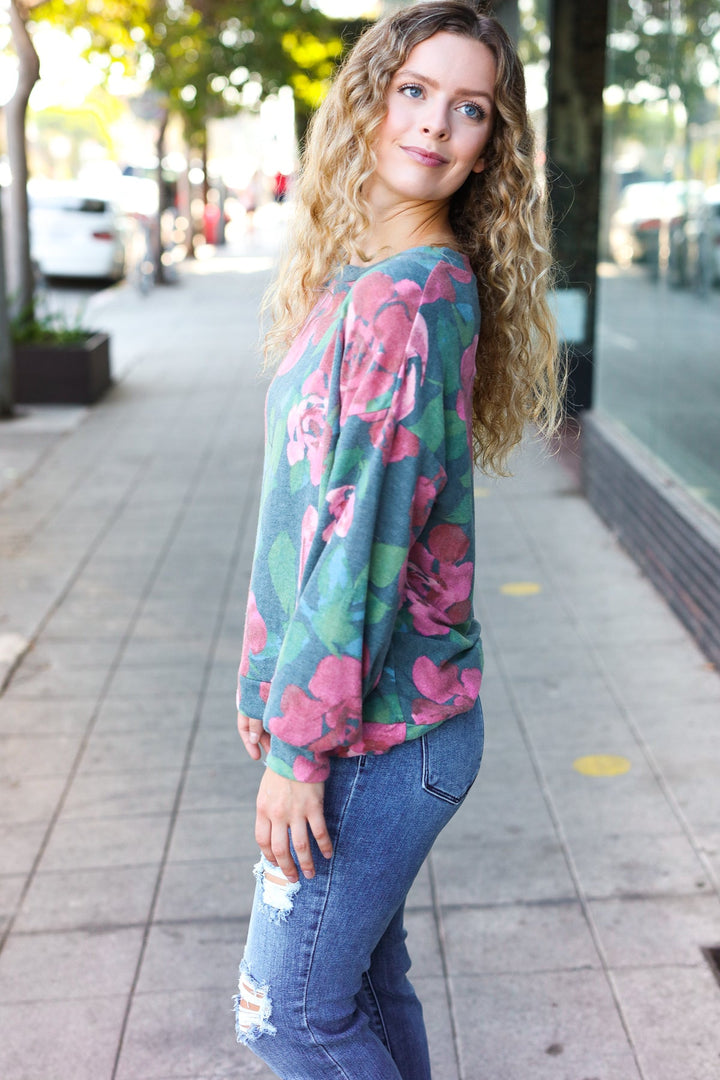 Everyday Hunter Green Floral Brushed Hacci Sweater Top | Nikki &amp; Co. Boutique