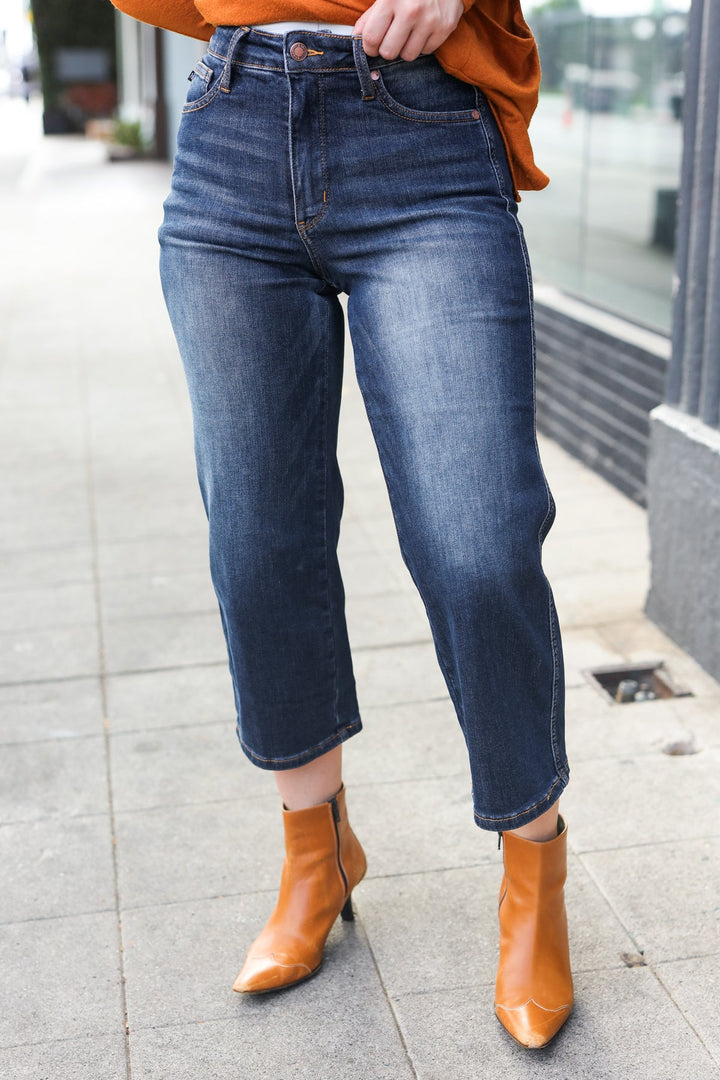 Judy Blue Dark Wash Mid Rise Cropped Wide Leg Jeans | Nikki &amp; Co. Boutique